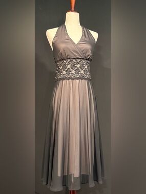 Connected Apparel Black and Blush Lace-Accented Evening Dress